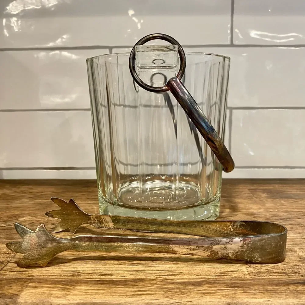 Vintage Crystal & Silver Ice Bucket With Tongs Barware Set Mid Century Modern